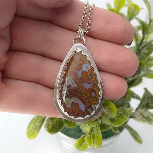 NWT Genuine Petrified Wood Gemstone Sterling Silver .925Necklace w/ 20” SS Chain - Picture 3 of 6